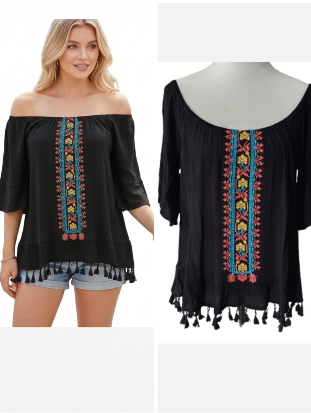 Plus size black boho off the shoulder top w/ fringe women's plus size 1X